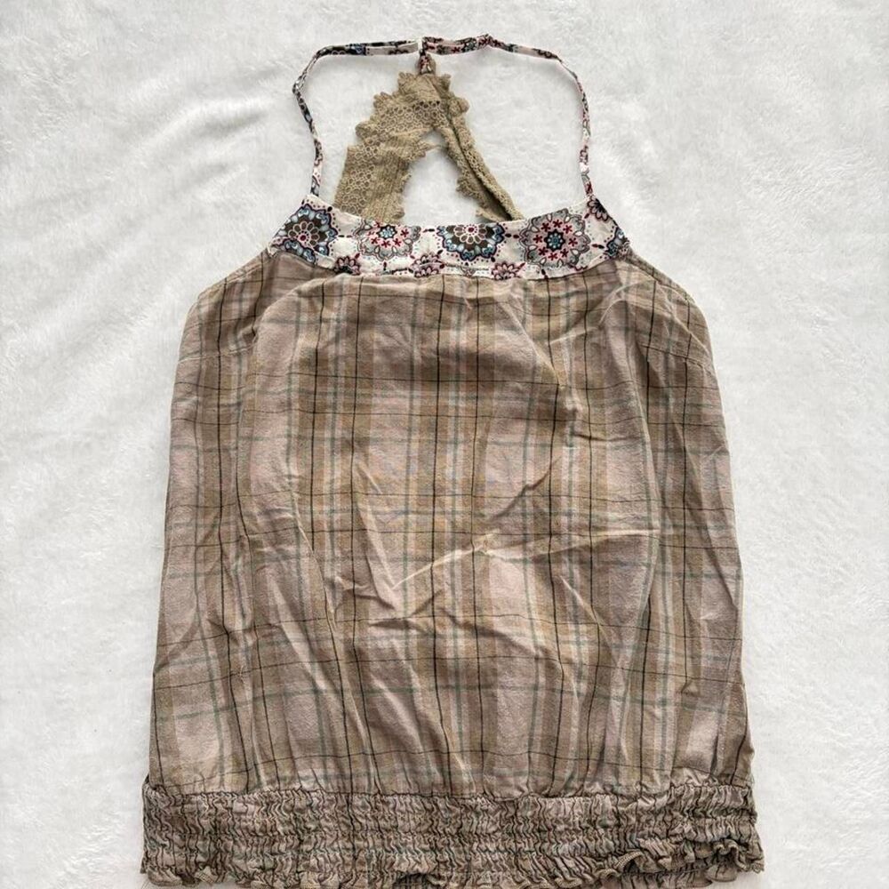Charlotte Russe Floral Plaid Y2K Halter Tank Top Women's S Cottagecore Boho 2000